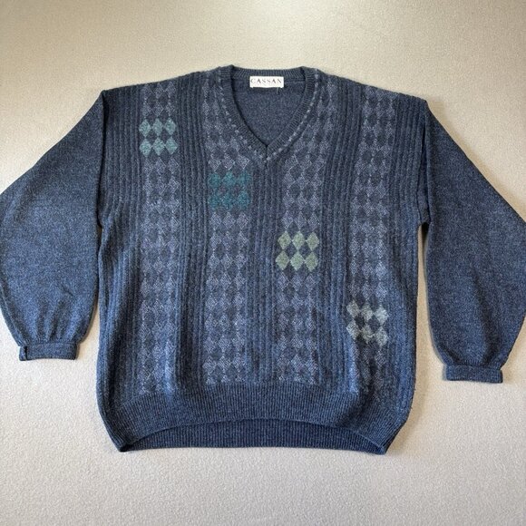 VTG Cassan Bueckle Sweater Mens L Blue Argyle Diamond Knit Pullover Grandpa 90s - Picture 1 of 15